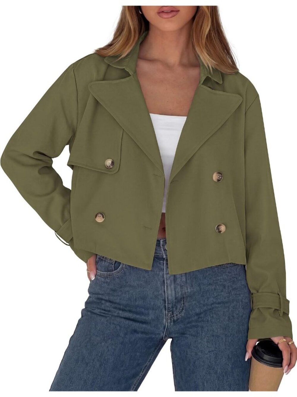 Womens Army Green Long Sleeve Double Breasted Office Casual Cropped Short Jacket